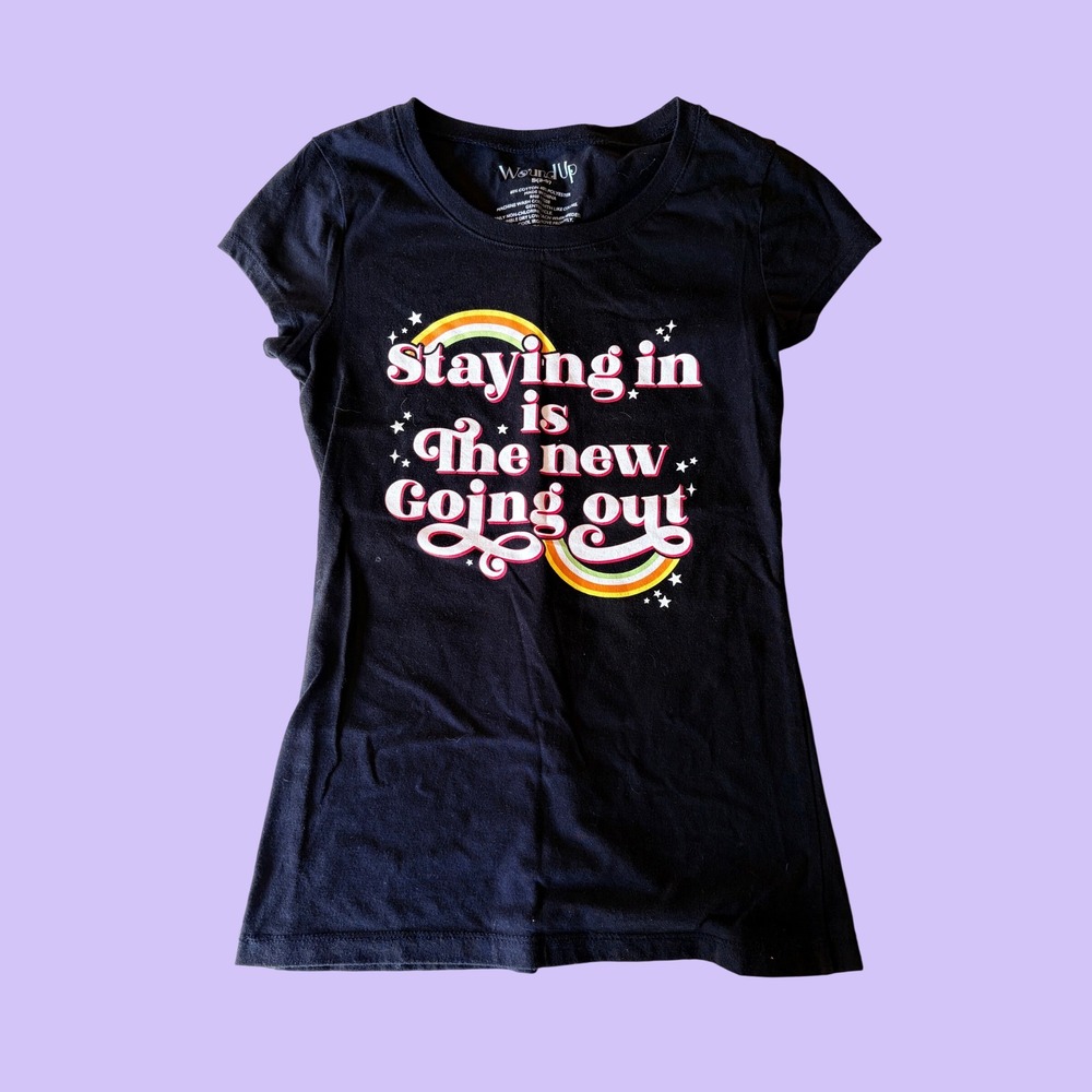 Y2K Wound Up Tee Staying In Is The New Going Out Rainbow Scene #17